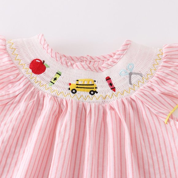 Boutique Back to School Apple School Bus Embroidered Smocked Dress - Picture 3 of 6